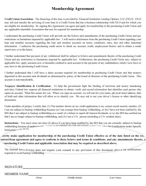 Example of FILO membership account agreement