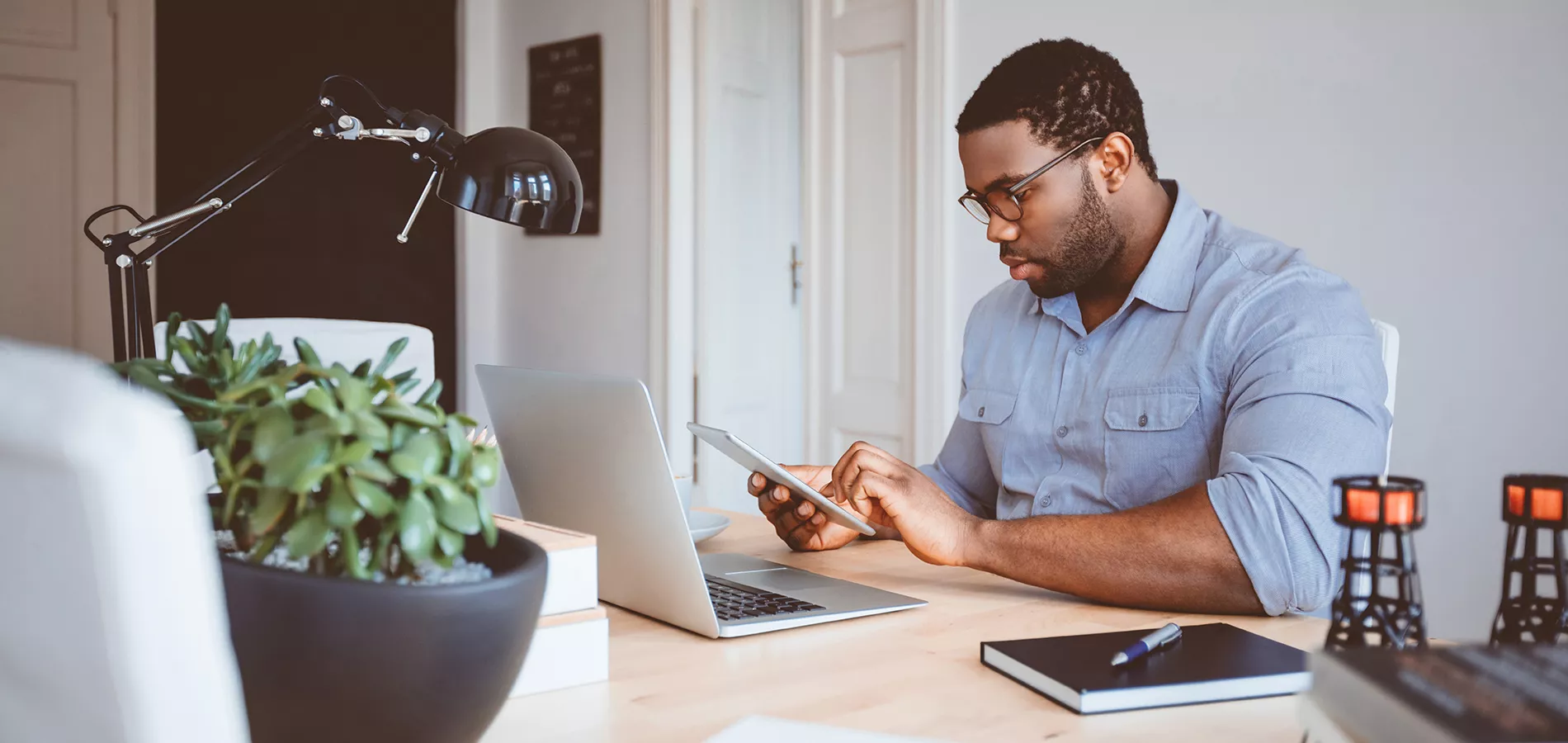 Man on computer at home