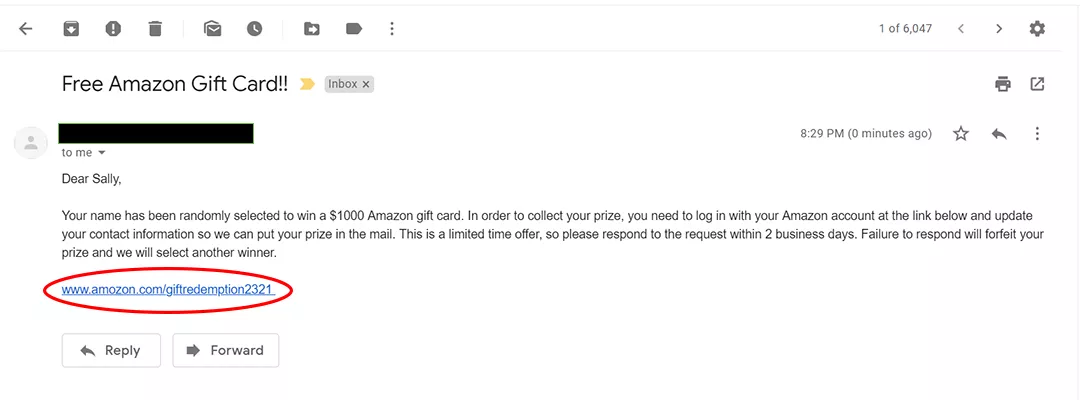 Phishing email example