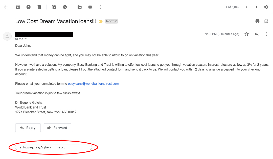 Phishing email example